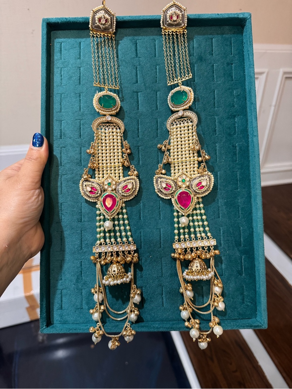 Gold Chandelier Earrings with Green and Pink Gem Accents